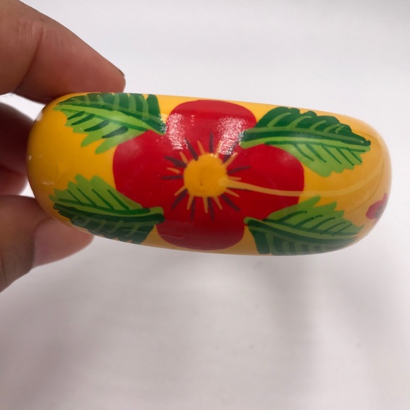 Wood Bangle Hand Painted Flower Bracelet Yellow Cuff Bohemian Boho Lightweight - Picture 2 of 4